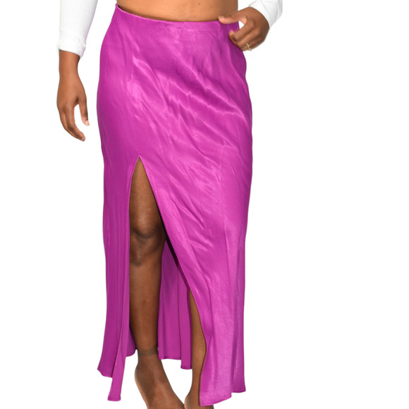 Anthropologie Satin Slip Skirt Purple Magenta Slit Midi Column Viscose Medium - Picture 11 of 14